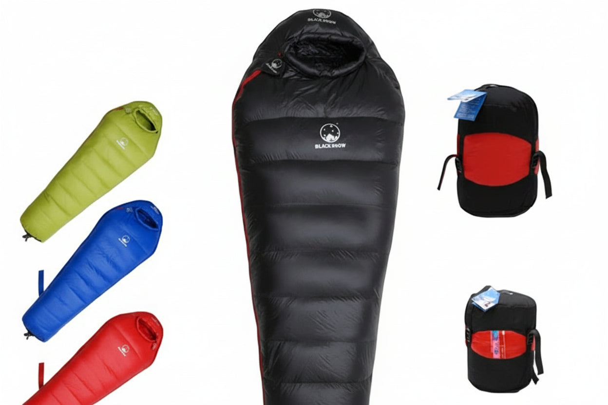 Black sleeping bag with additional colored sleeping bags and a carrying case on a white background, featuring the Black Snow brand.