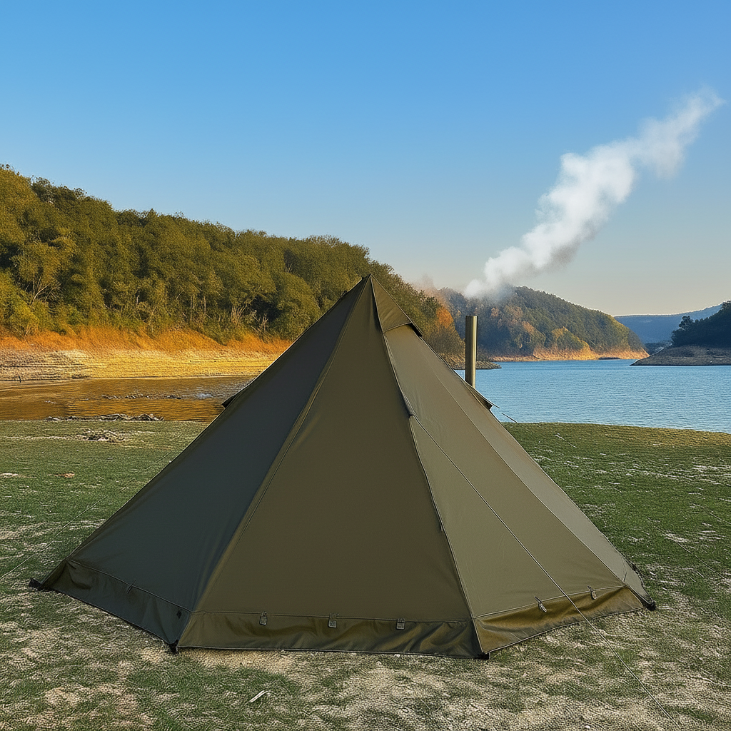 All-season pyramid tent with scenic background