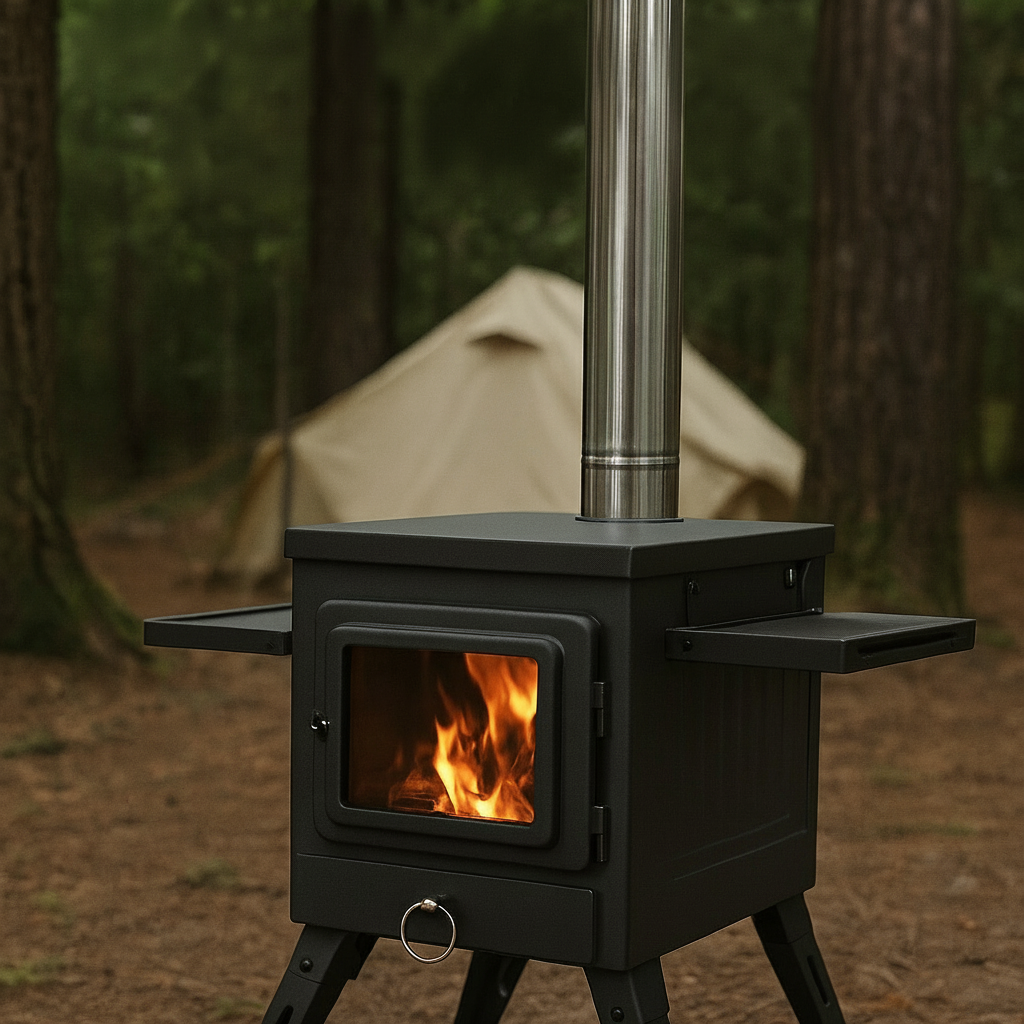 Portable wood-burning camping stove with flames inside, set against a forest background.