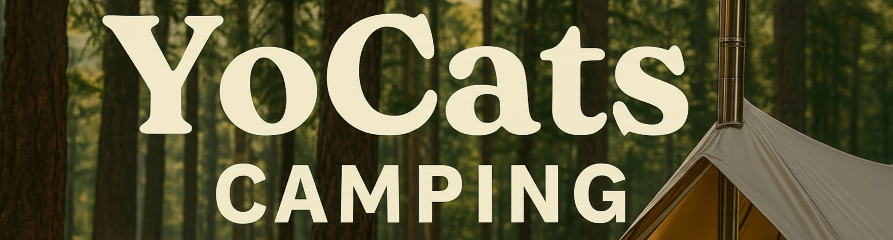 Two camping tents and a stove with 'YoCats Camping' text in a forest setting.