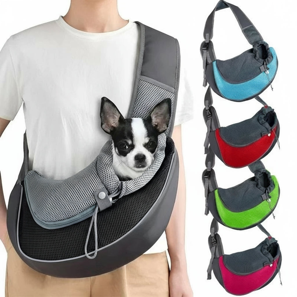 Person wearing a gray pet carrier with a small dog inside, surrounded by other color options on a white background.