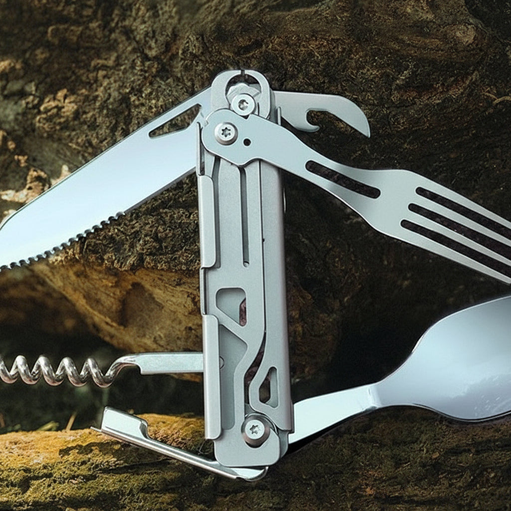 Multifunctional knife with fork, spoon, and corkscrew on a wooden background with Atisen branding.