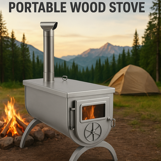 Stainless steel portable wood stove with camping setup in the background